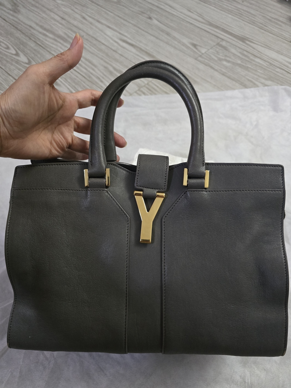 Yves Saint Laurent Cabas  Grey Leather Tote with Y Gold Hardware